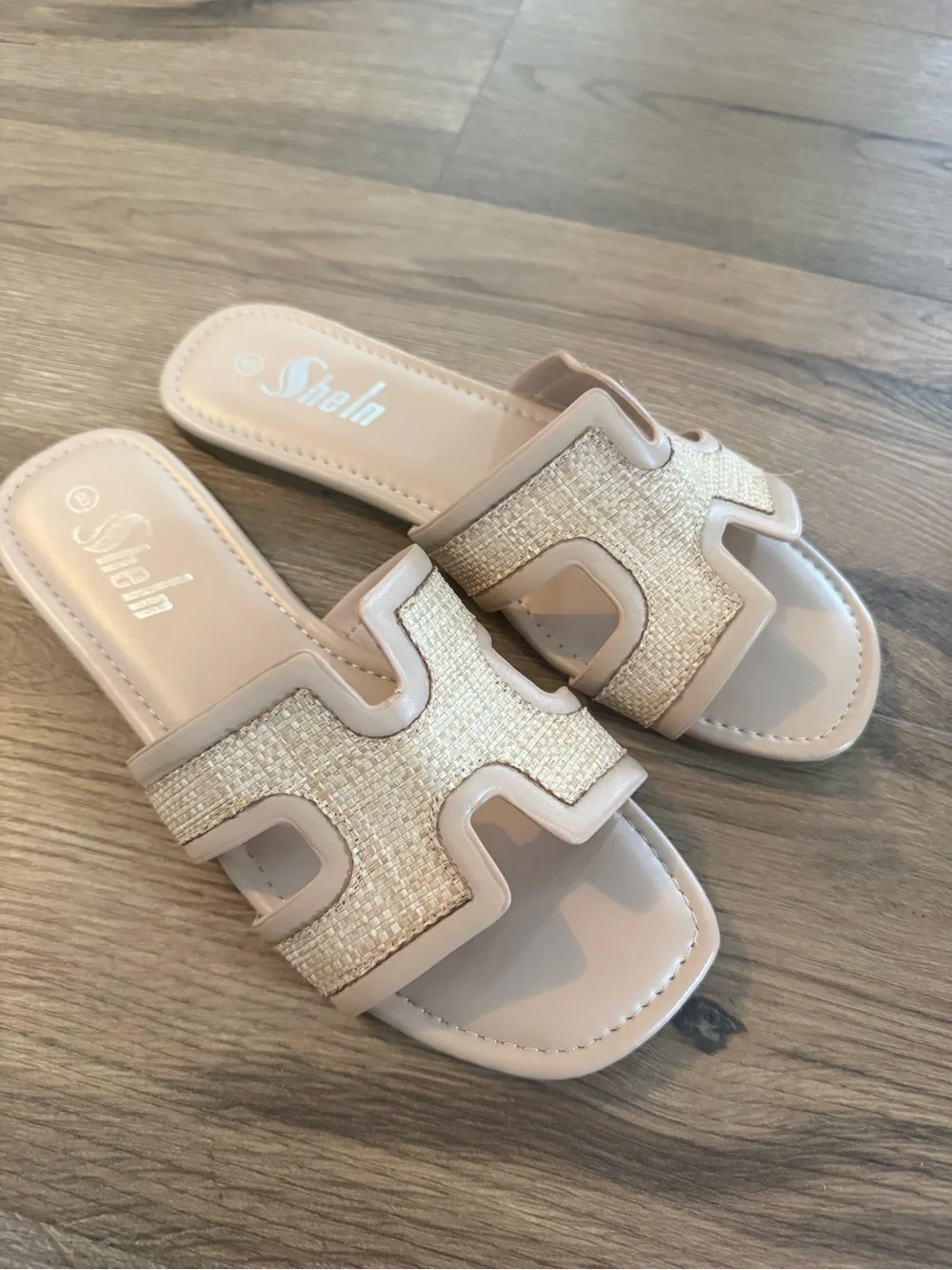SHEIN Beige Raffia Trim Slide Sandals